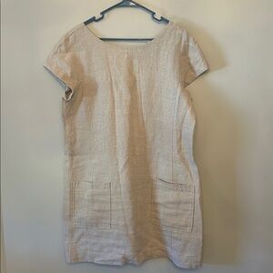 Eileen Fisher Beige Linen Patch Pocket Shift Dress, Size Large Petite